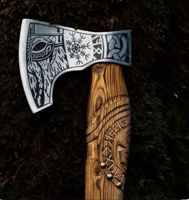 Handcrafted Viking Axe with Engraved Steel Head