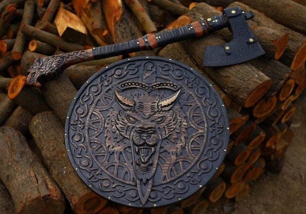 Handcraftted Wolf Engraved Axe-Authentic medieval Rose Wood