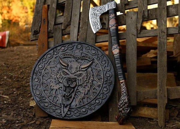 Handcraftted Wolf Engraved Axe-Authentic medieval Rose Wood