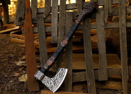 Handcraftted Wolf Engraved Axe-Authentic medieval Rose Wood