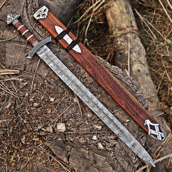 Handmade Damascus Steel Viking Sword: Northman Style, Rose Wood Handle